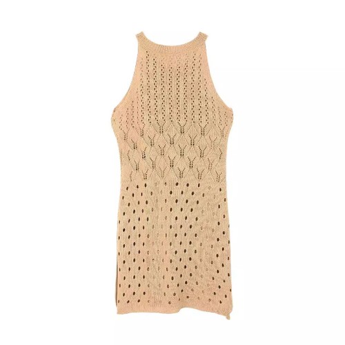 Knit Round Neck Sleeveless Dress Slit Beach Vacation