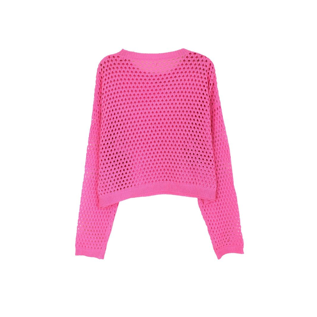 Knitted Long Sleeve Hollow Out Beach Cover Up - Lightweight Summer Top