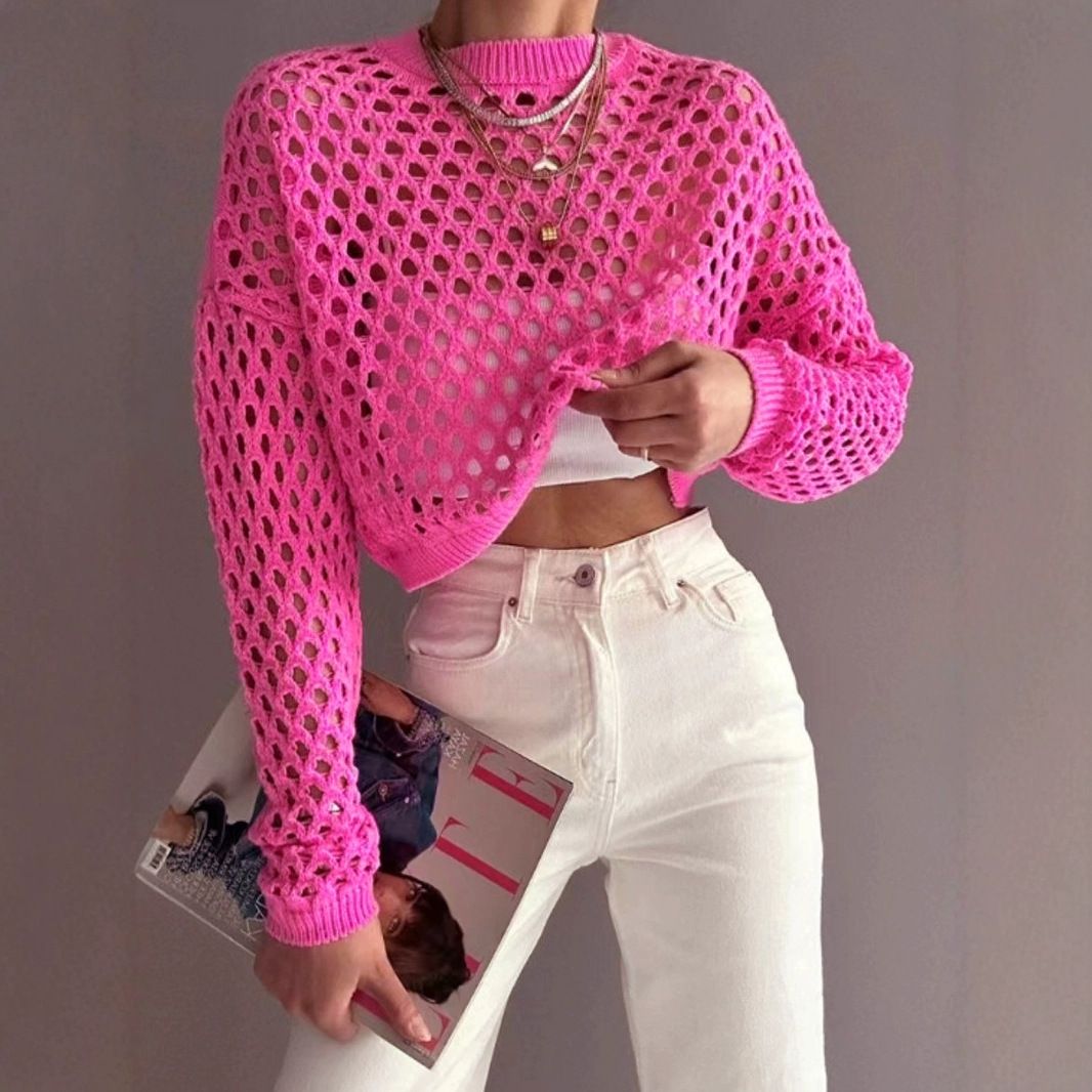 Knitted Long Sleeve Hollow Out Beach Cover Up - Lightweight Summer Top