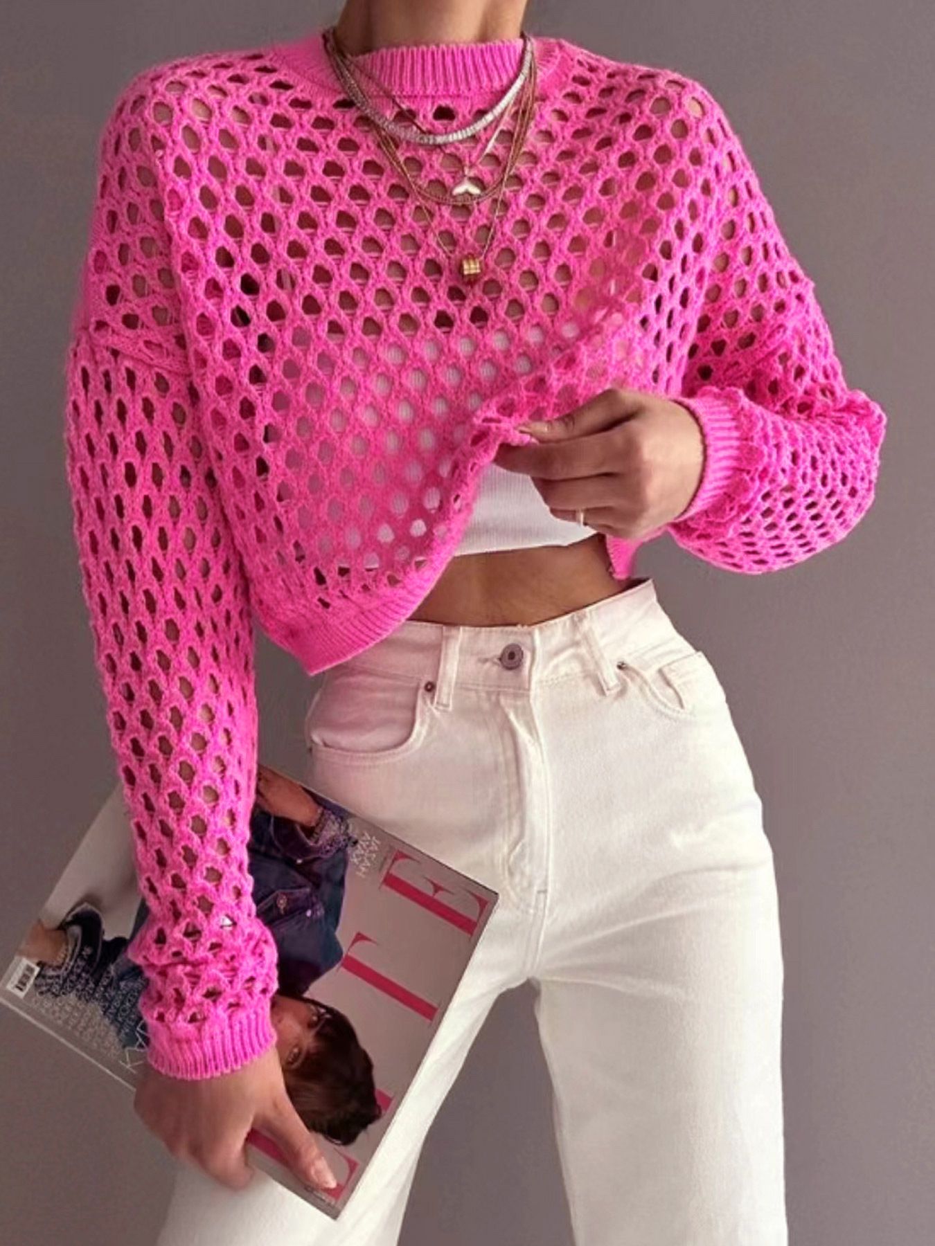 Knitted Long Sleeve Hollow Out Beach Cover Up - Lightweight Summer Top