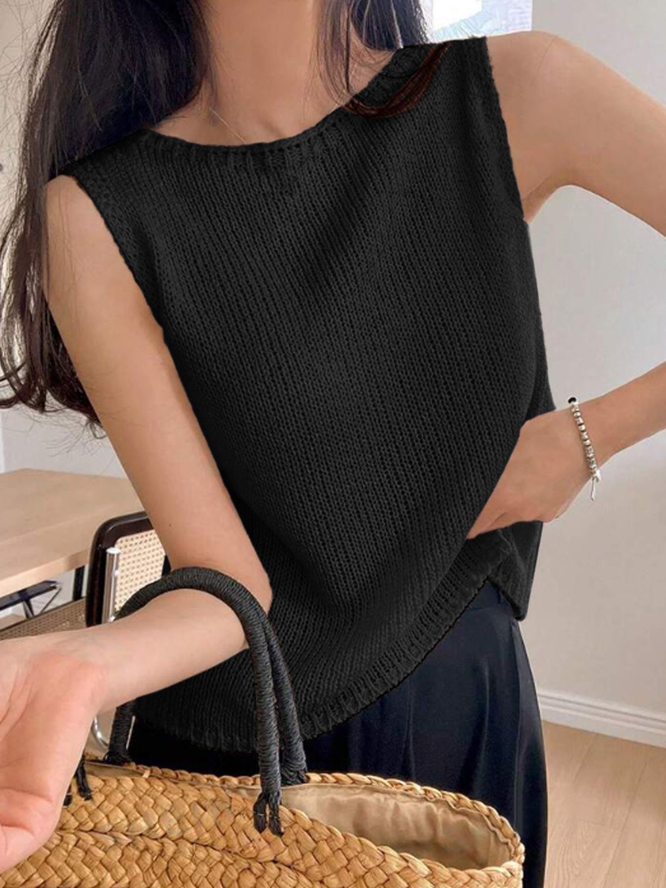 Knit Women's Round Neck Vest - Lightweight Sleeveless Top SSU-00043