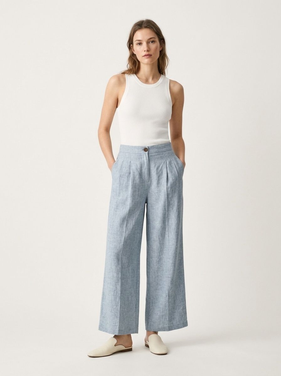 100% Linen High-Waist Wide-Leg Pleated Linen Trousers