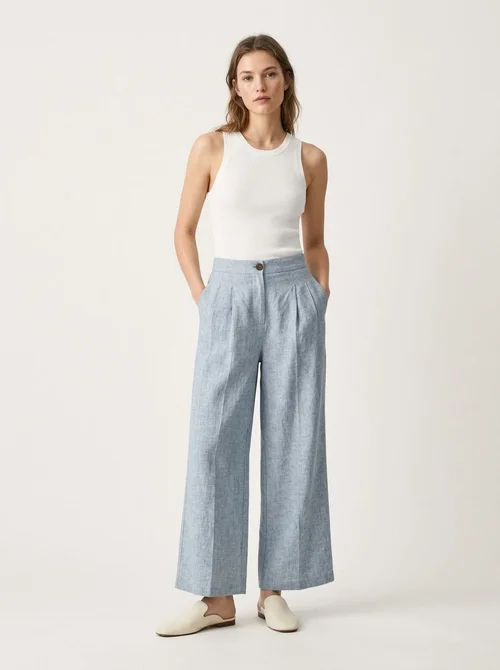 100% Linen High-Waist Wide-Leg Pleated Linen Trousers