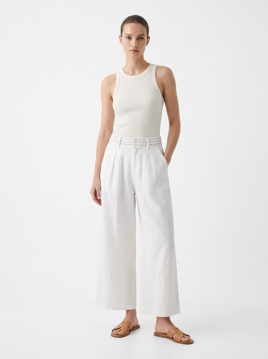 100% Linen Women's White Linen Wide-Leg Pleated Trousers
