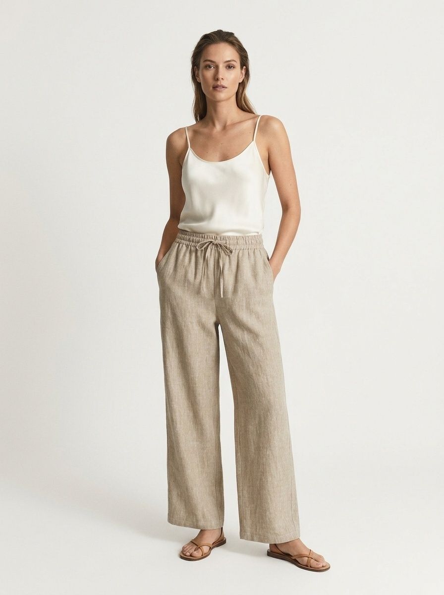 100% Linen Women's Elastic Waist Wide Leg Linen Trousers