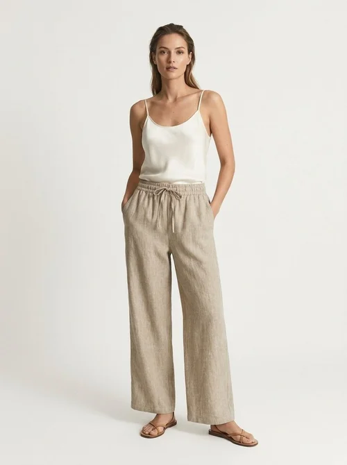 100% Linen Women's Elastic Waist Wide Leg Linen Trousers
