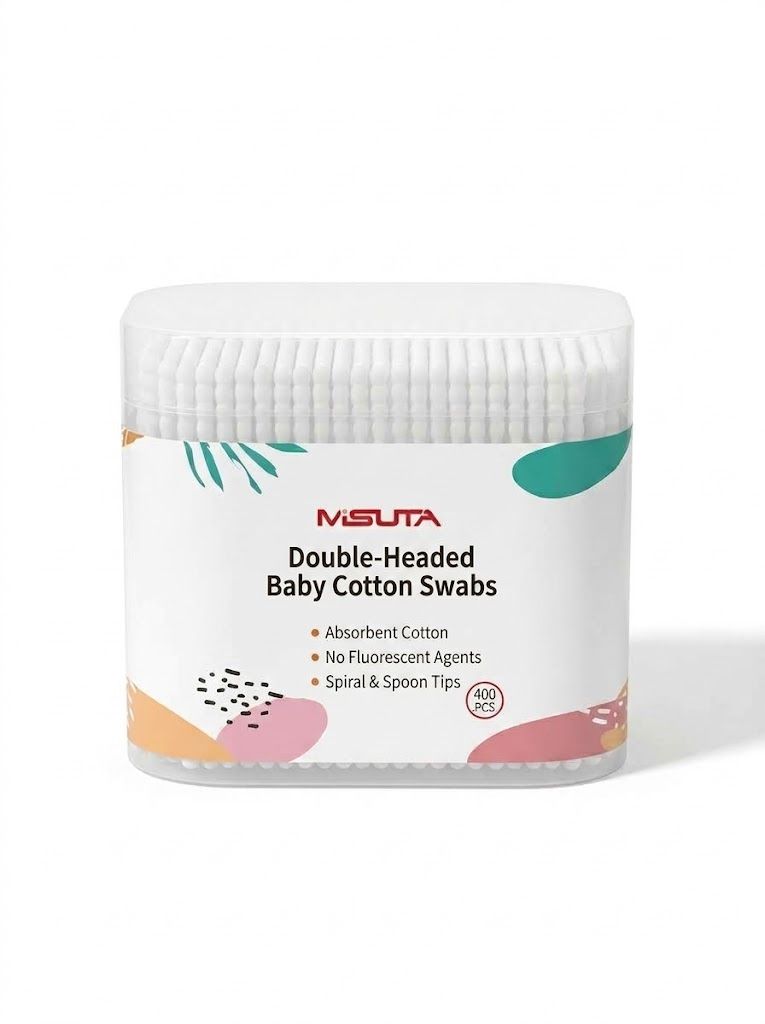 MISUTA Tamponi di cotone per neonati, confezione da 400 pezzi, bastoncini di cotone a doppia punta di sicurezza, tamponi ultra sottili da 3,5 mm per la pulizia di orecchie e naso dei neonati