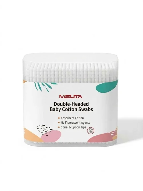 MISUTA Tamponi di cotone per neonati, confezione da 400 pezzi, bastoncini di cotone a doppia punta di sicurezza, tamponi ultra sottili da 3,5 mm per la pulizia di orecchie e naso dei neonati