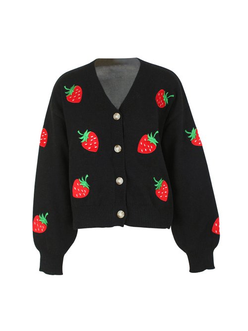 Cardigan lavorato a maglia con ricamo di fragole, maniche lunghe, capospalla