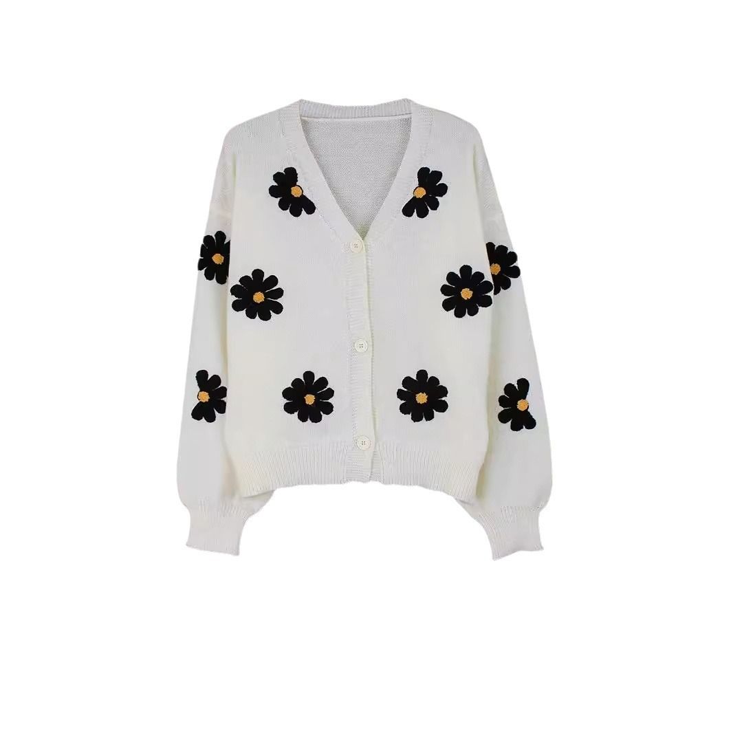 Women's Knit Floral Embroidered Cardigan Sweater Loose Long Sleeve