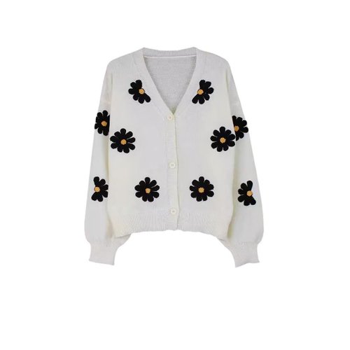 Cardigan da donna in maglia con ricami floreali, vestibilità ampia e maniche lunghe.