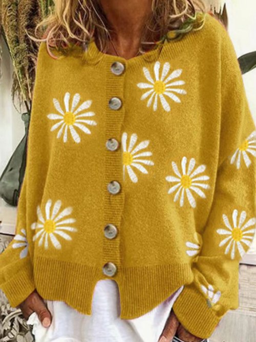 Cardigan corto in maglia di cotone ricamato a maniche lunghe