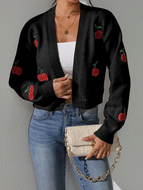 Embroidered Cropped Knit Cardigan - European & American Style