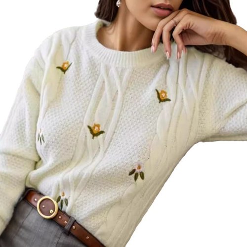 Suéter de punto bordado con cuello redondo para otoño e invierno SSU-00020