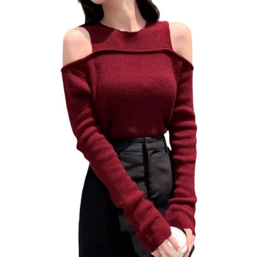 Knit Sweater Long Sleeve Off Shoulder Slim Fit Pullover SSU-00029