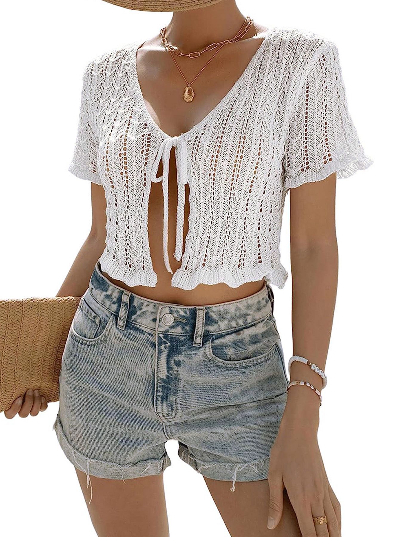 Crochet Knit Tie Front Cardigan - Summer Beach Cover Up