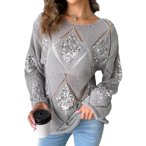 Suéter de punto para mujer, manga larga, cuello redondo, jersey SSU-00117