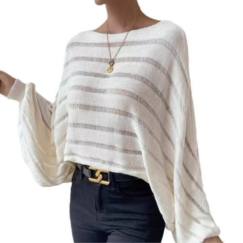 Top de punto a rayas con un hombro y manga larga para primavera y verano SSU-00044