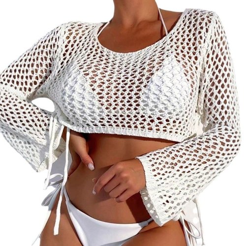 Maglione da donna a maniche lunghe lavorato all'uncinetto, copricostume da spiaggia