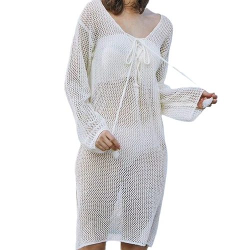 Knitted Long Sleeve Maxi Dress Crochet Beach Cover Up
