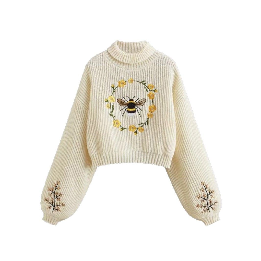 Maglione da donna a collo alto in cashmere con maniche lunghe ricamate SSU-00091