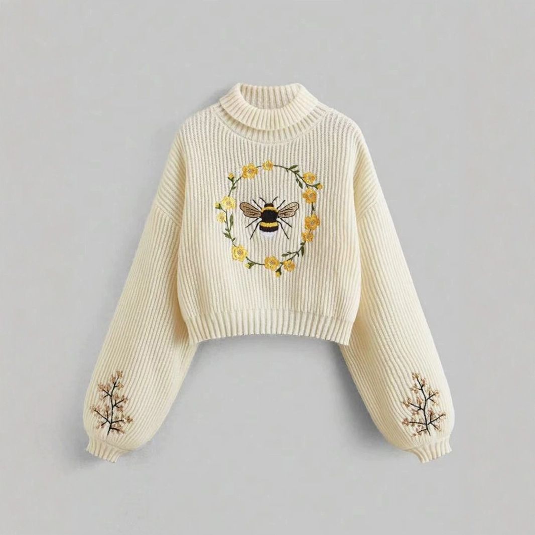 Maglione da donna a collo alto in cashmere con maniche lunghe ricamate SSU-00091