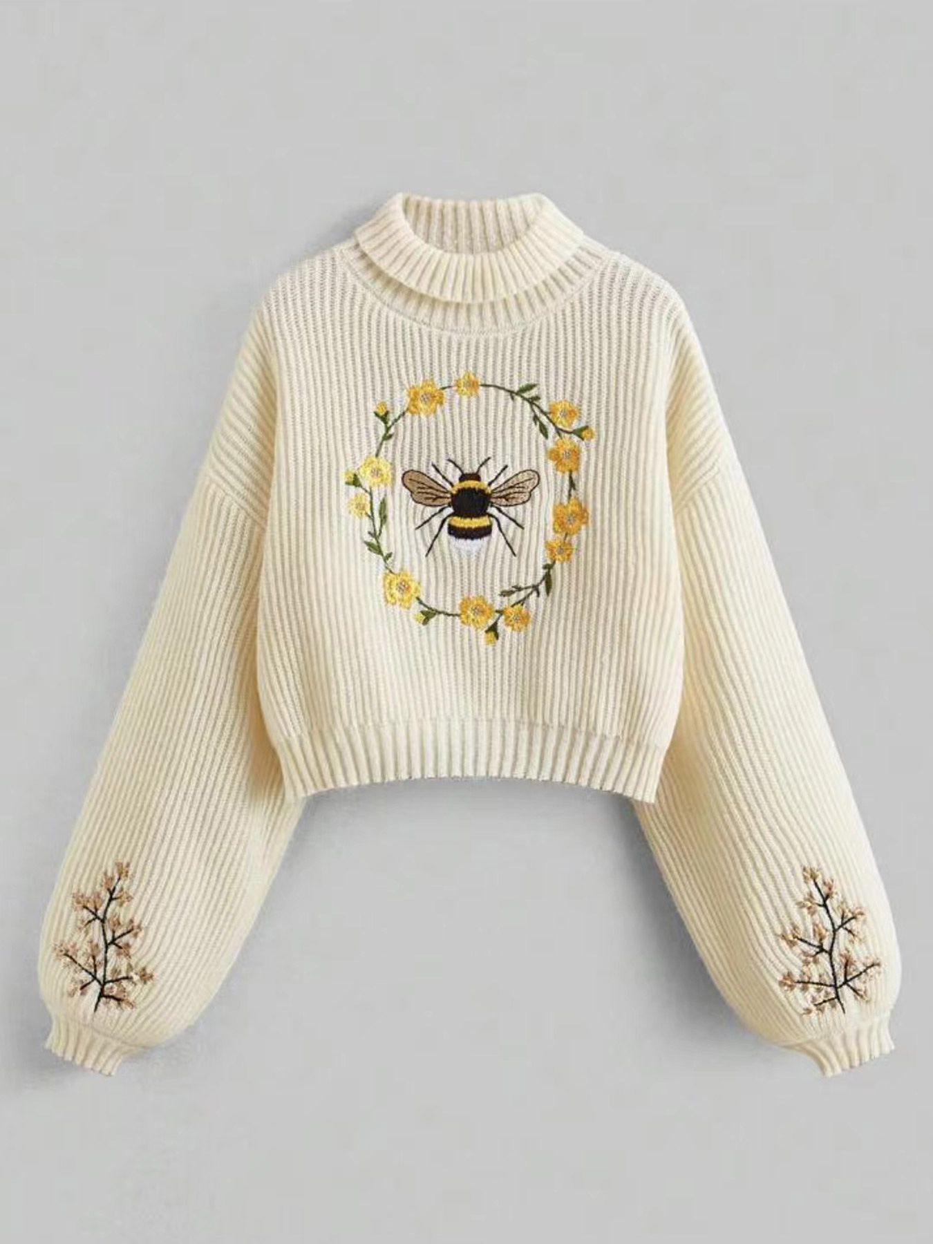 Maglione da donna a collo alto in cashmere con maniche lunghe ricamate SSU-00091