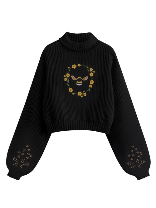 Kaschmir-Damen-Rollkragenpullover mit Stickerei, lange Ärmel, SSU-00091