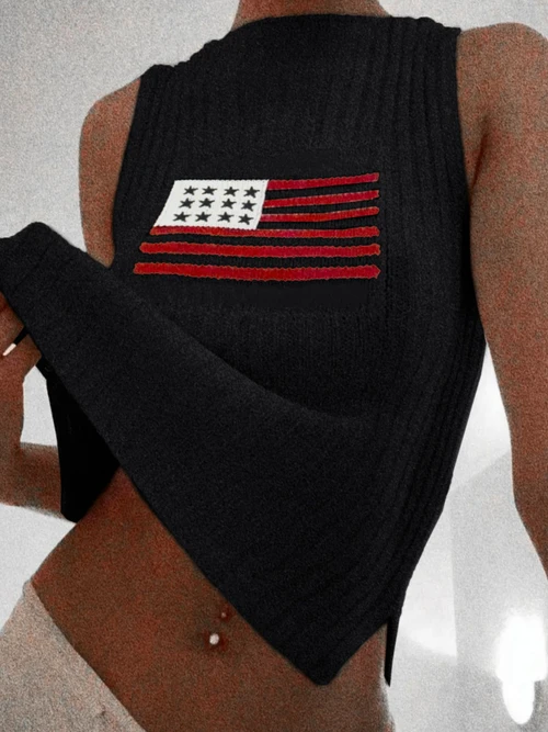 Knitted Sweater Vest Women American Flag Sleeveless Top SSU-00041