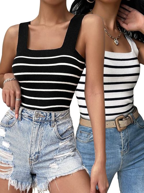 Conjunto de top de tirantes a rayas - Conjunto de verano sin mangas con escote cuadrado SSU-00025