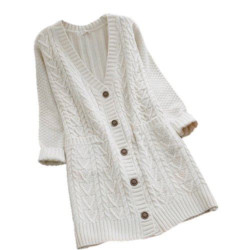 Cardigan da donna in maglia con bottoni, lavorazione a trecce e tasche, primavera/autunno