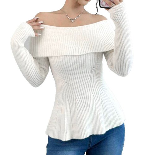 Elegantes Strickoberteil mit schulterfreiem Rücken und langen Ärmeln für Herbst und Winter, Modell SSU-00068