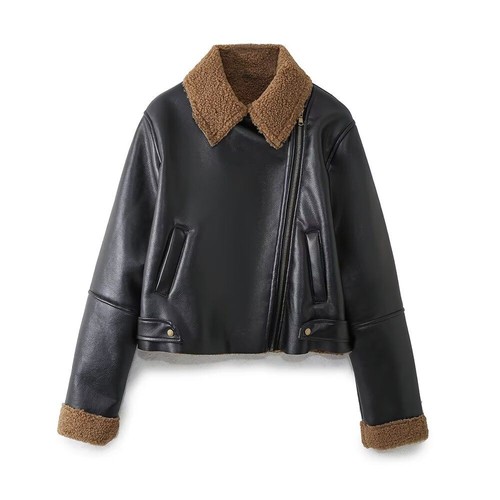 Veste de motard pour femme doublée en fausse fourrure de mouton retournée KUN-00163