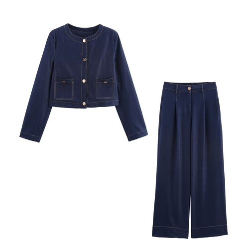 Damen-Farbblock-Anzugset: Kurze Jacke & Weite Hose KUN-00002