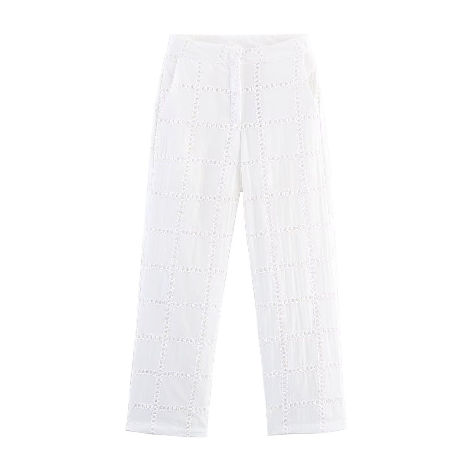 Embroidered Hollow-Out Blouse & Straight Leg Pants Set KUN-00162