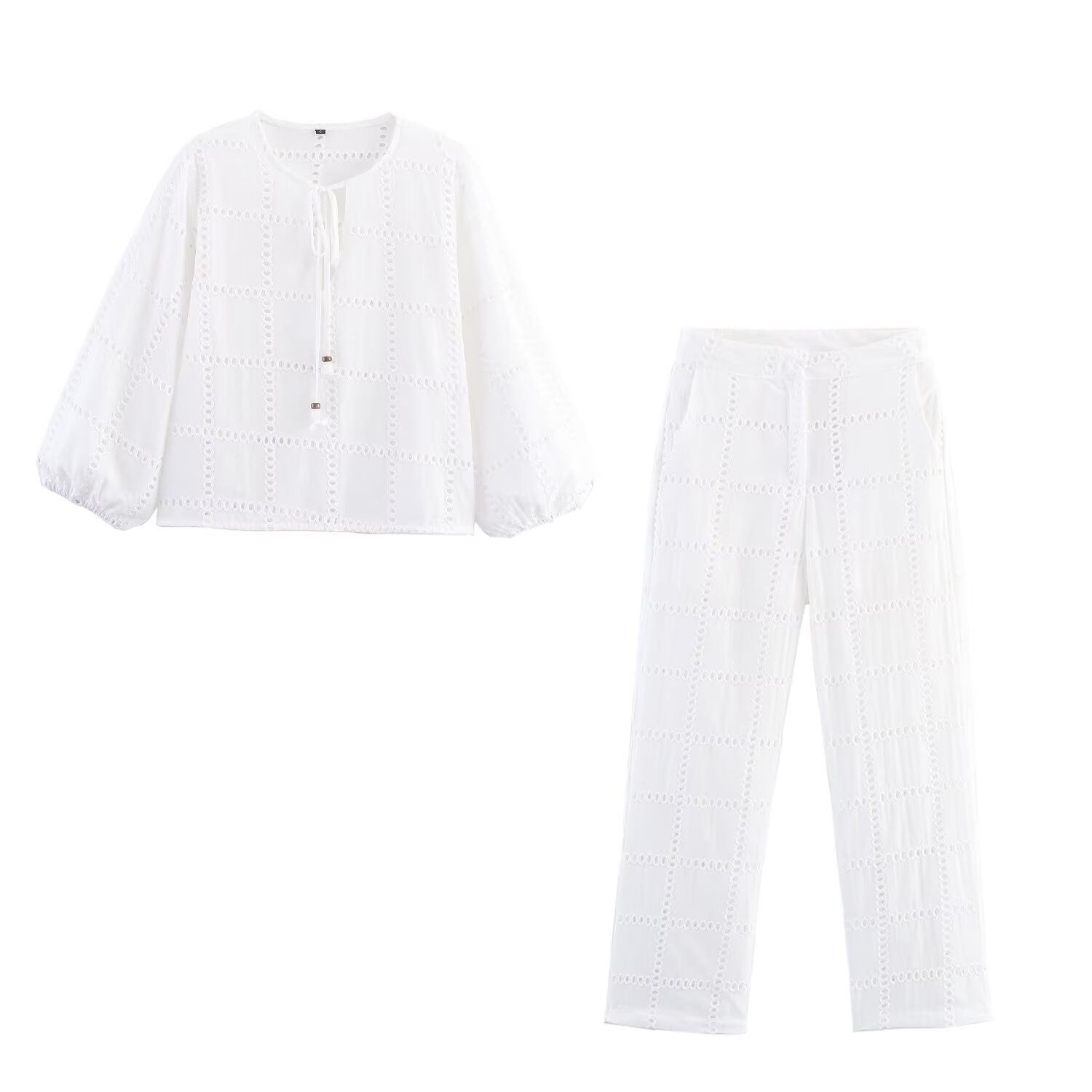 Embroidered Hollow-Out Blouse & Straight Leg Pants Set KUN-00162