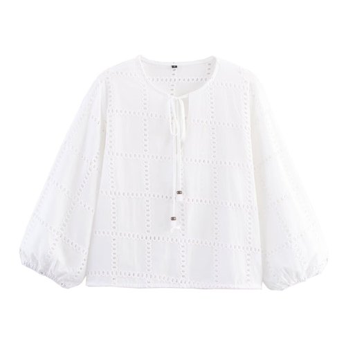 Embroidered Hollow-Out Blouse & Straight Leg Pants Set KUN-00162