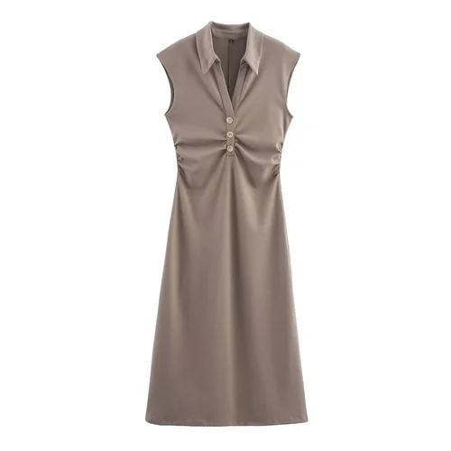 Women's Polo Collar Midi Dress Versatile KUN-00015
