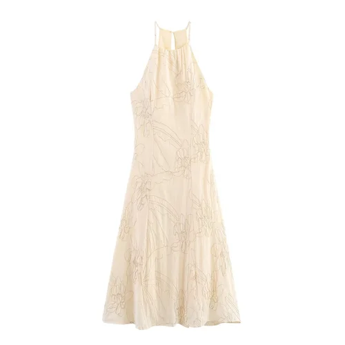 Embroidered Floral Halter Dress - Elegant Women's Sundress KUN-00058