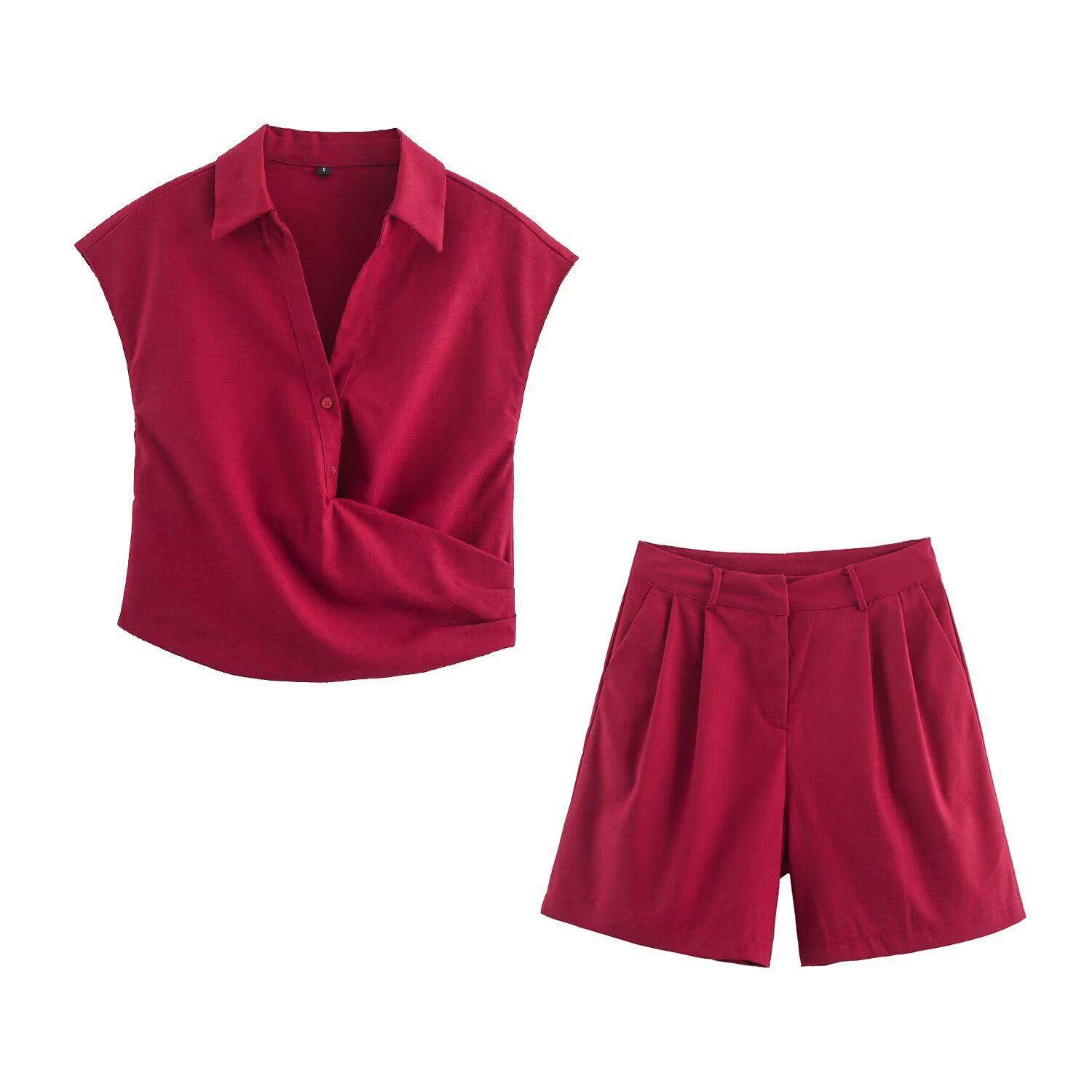 Conjunto de top y pantalón corto plisado de mezcla de lino para mujer KUN-00025