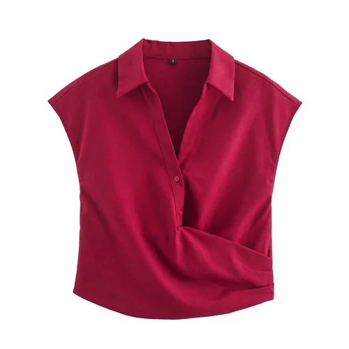 Conjunto de top y pantalón corto plisado de mezcla de lino para mujer KUN-00025