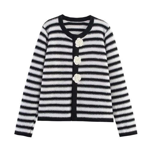 Striped Cardigan with Floral Button Detail - Women's European Style KUN-00033