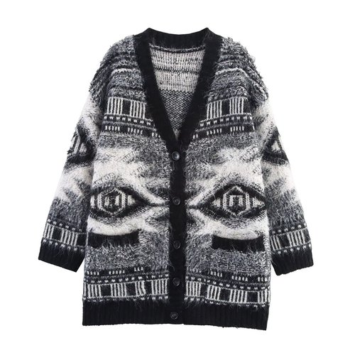 Knit Cardigan - Jacquard, Trendy Open Front KUN-00133