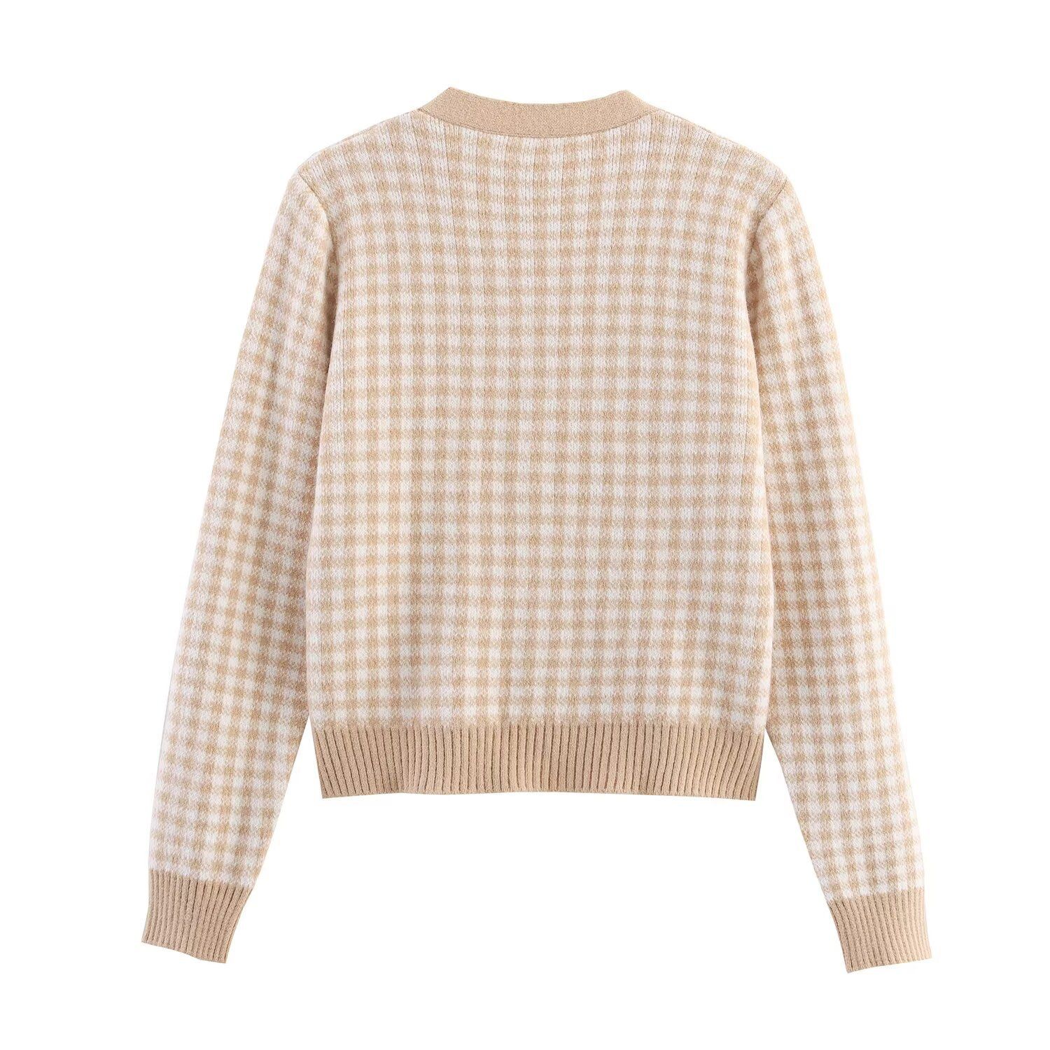 Cárdigan de punto con cuadros bordados, estilo casual y chic KUN-00030