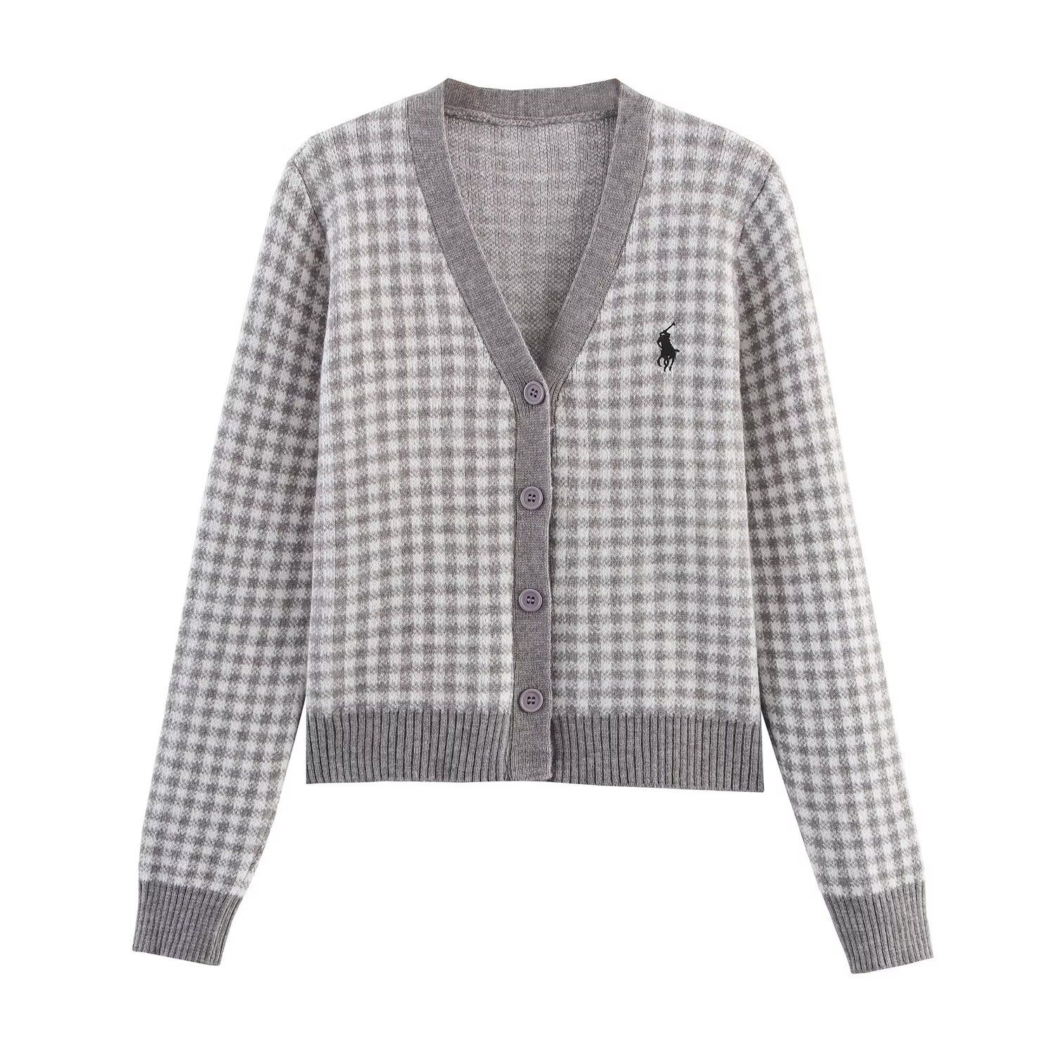 Cárdigan de punto con cuadros bordados, estilo casual y chic KUN-00030