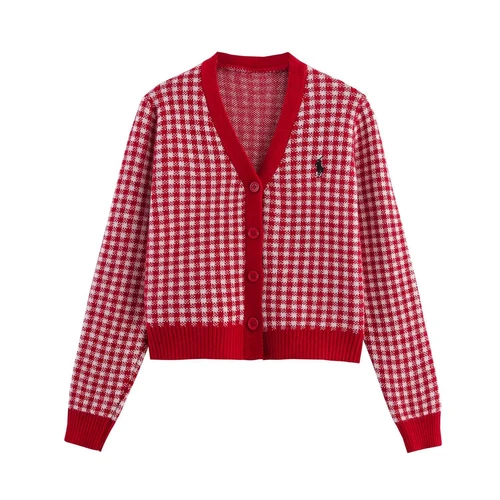 Knit Cardigan - Embroidered Plaid, Casual Chic KUN-00030