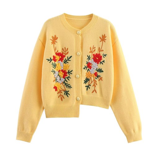Embroidered Cardigan Irregular Hem Casual Chic KUN-00094
