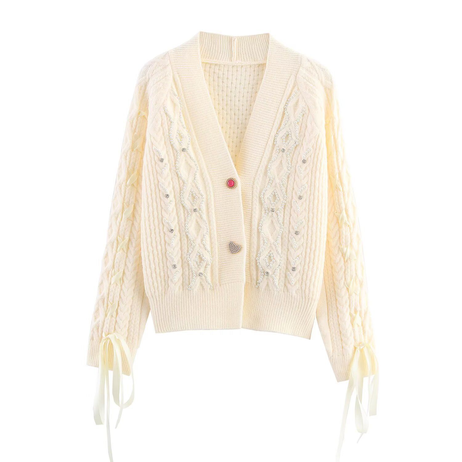 Knit Top Women's Beaded Drawstring Casual Chic KUN-00010