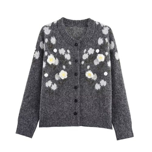 Knitted Cardigan Sweater with 3D Floral Applique KUN-00083
