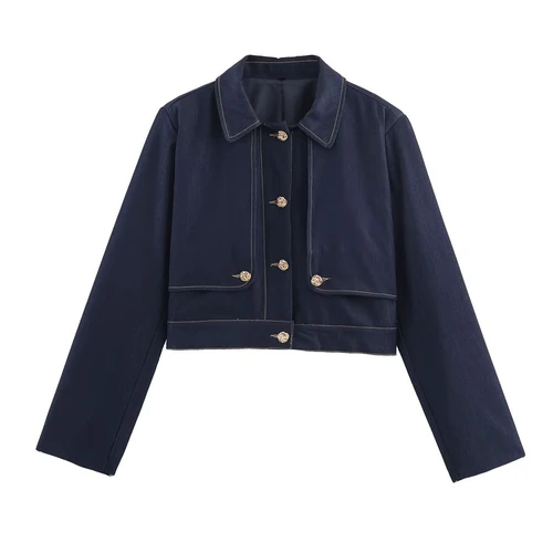 Conjunto de chaqueta corta con bloques de color y pantalón recto para mujer KUN-00079